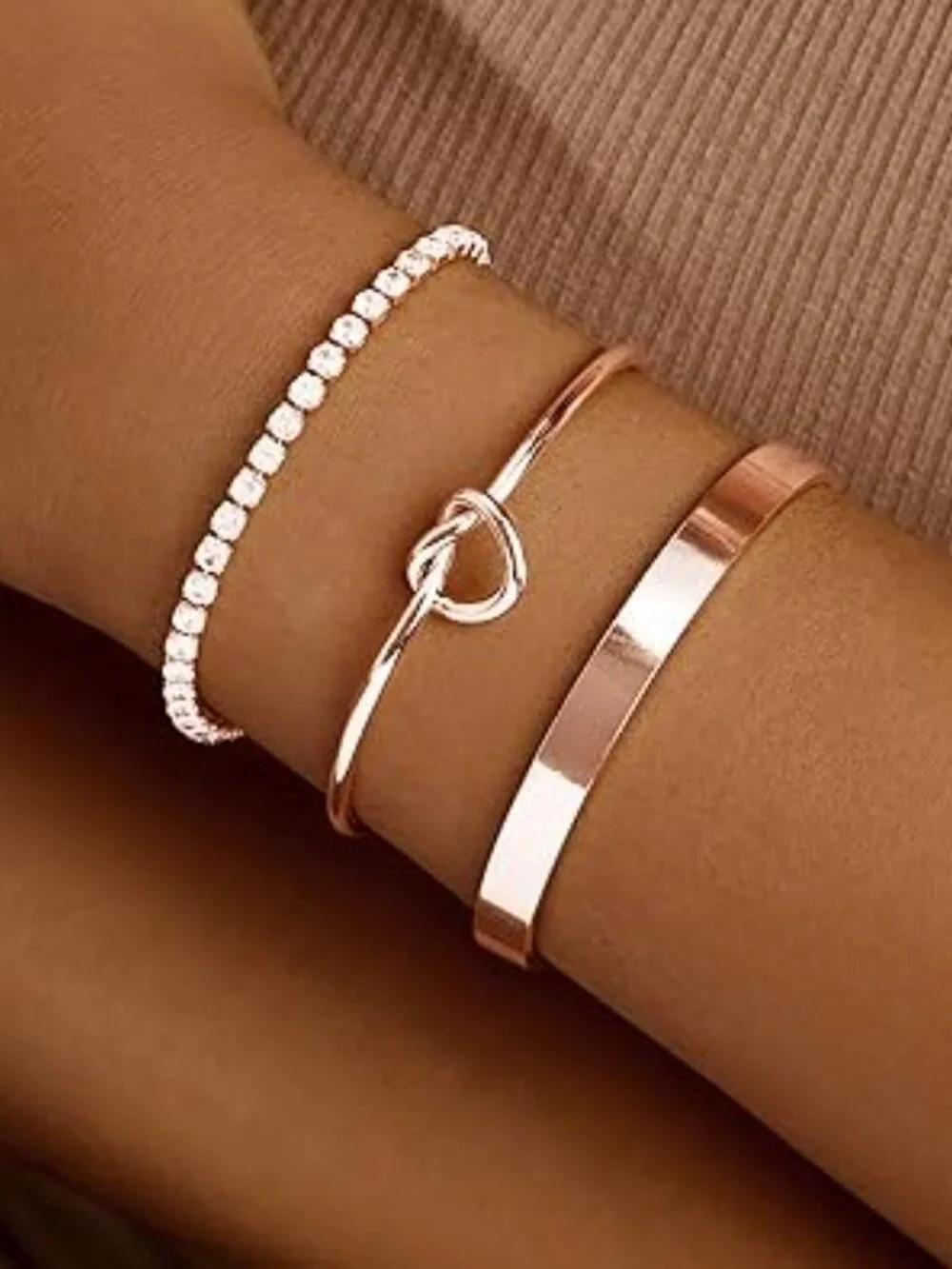 3‎ Rose Gold Bracelets for Women Cubic Zirconia Dainty Bangle Cuff Stackable